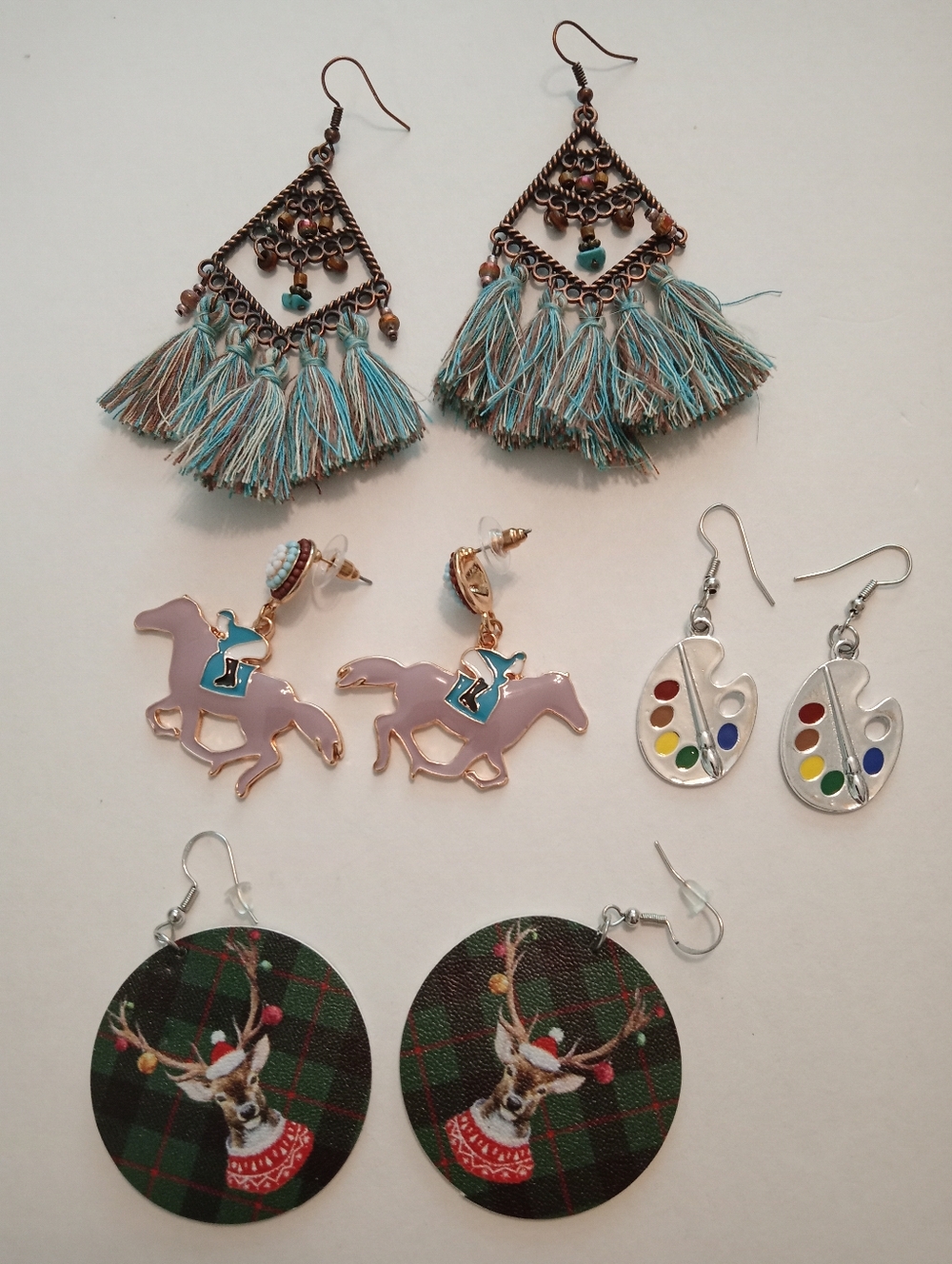 #1207.  4 Piece Assorted, Horse,Artist,Raindeer & Tassel Earring Bundle